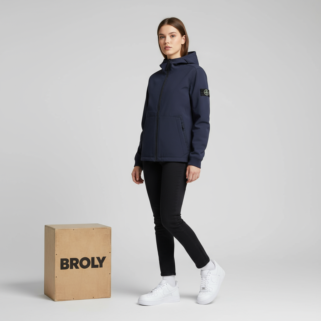 Jeune femme en veste Soft Shell R et AF1 dans un studio photo Broly